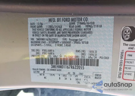 2007 Mercury Milan V6 from USA, damaged, VIN 3MEHM01167R632055